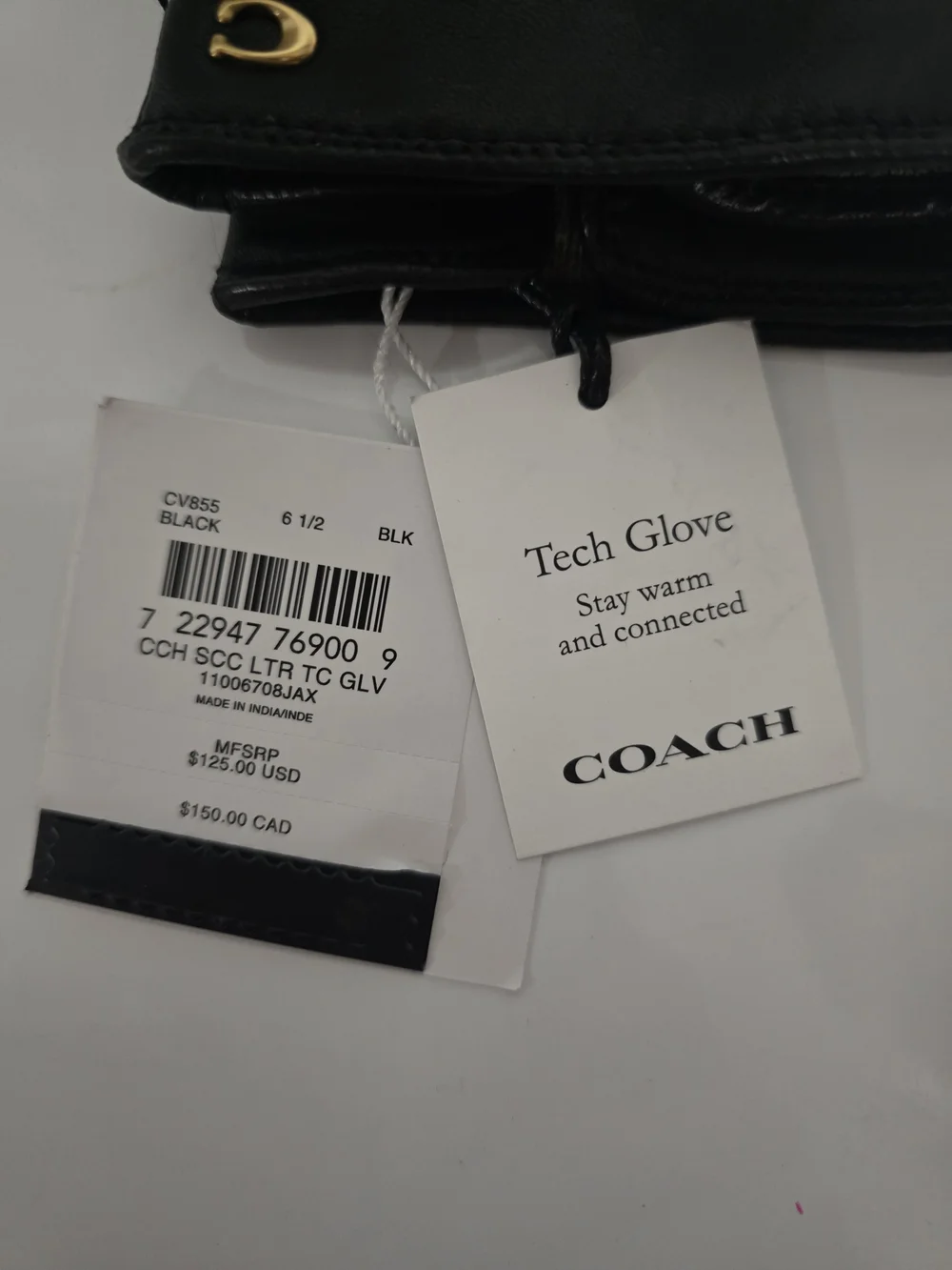 NWT COACH Black Leather Tech Gloves - Size 6 1/2